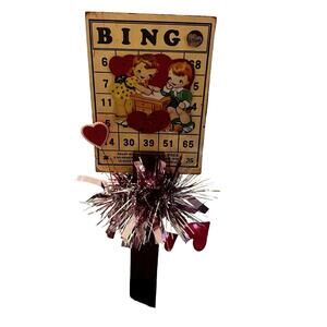 Bingo Card Retro Hearts Handmade Upcycled DIY  Valentines Table Top Decor Kitsch